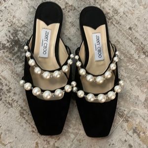 Jimmy Choo Amaya Faux Pearl & Suede Mule Flats Size 38.5
